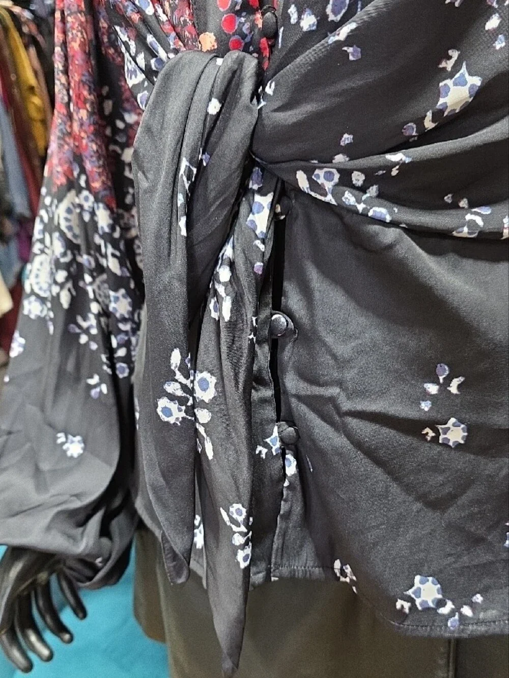Free People Black Floral Tie-Front Blouse with Red & White Accents - Picture 5 of 8